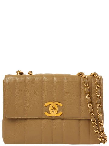 Top Quality Chanel Around 1995 Made Caviar Skin Mademoiselle Stitch Turn-Lock Chain Bag Mocha Beige