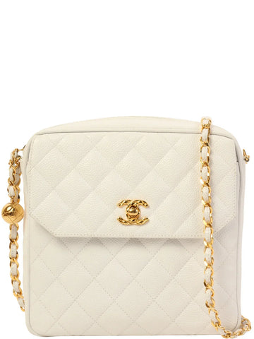 Top Quality Chanel Around 1992 Made Caviar Skin Turn-Lock Ball Charm Chain Bag White