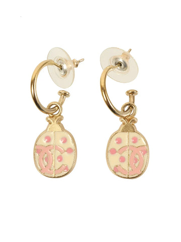 Top Quality Chanel 2007 Ladybug Motif Cc Mark Swing Pierced Earrings Gold/Ivory/Pink