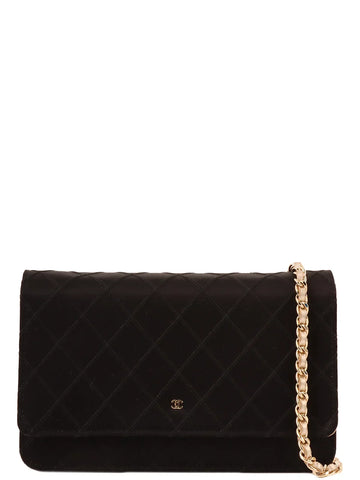 Top Quality Chanel Around 2014 Made Silk Satin Mini Cc Mark Plate Wallet On Chain Black/Champagne Gold