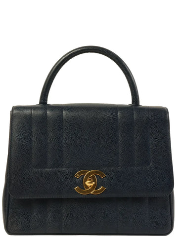 Top Quality Chanel Around 1995 Made Caviar Skin Mademoiselle Stitch Turn-Lock Top Handle Bag Navy