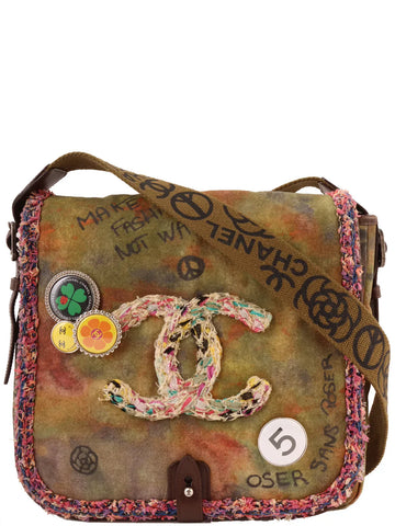 Top Quality Chanel Around 2014 Made Canvas Tweed Combination Embroidery Shoulder Bag Khaki/Multi
