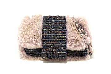 Top Quality Chanel Lilac Purple Fur Blue Tweed Flap Chain Shoulder Bag