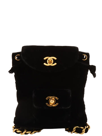 Top Quality Chanel Around 1995 Made Velvet Double Turn-Lock Backpack Mini Black