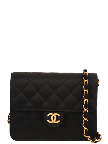 Top Quality Chanel Around 1985~1990 Made Silk Satin Cc Mark Plate Chain Bag Mini Black