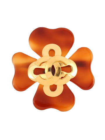Top Quality Chanel 1995 Made Tortoiseshell Clover Motif Cc Mark Brooch Gold/Brown
