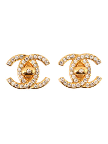 Top Quality Chanel 1997 Made Rhinestone Turn-Lock Earrings Gold