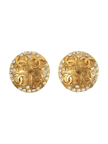 Top Quality Chanel 1988 Made Round Cc Mark Rhinestone Earrings Gold