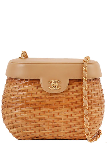 Top Quality Chanel Around 1998 Made Straw Leather Combination Turn-Lock Chain Shoulder Bag Beige