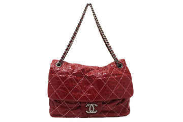 Top Quality Chanel Stitch Dark Red Glazed Aged Calfskin Leather Maxi Single Flap Bag