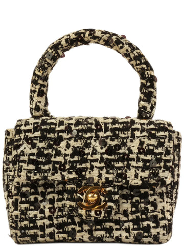 Top Quality Chanel Around 1992 Made Tweed Sequin Classic New Top Handle Bag Mini Black/White