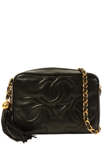 Top Quality Chanel Around 1995 Made Triple Cc Mark Stitch Tassel Chain Shoulder Bag Black
