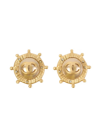 Top Quality Chanel 2005 Made Pearl Rhinestone Round Cc Mark Earrings Gold/White