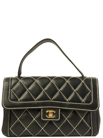 Top Quality Chanel Around 2004 Made Wild Stitch Turn-Lock Top Handle Bag Black