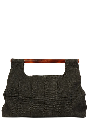 Top Quality Chanel Around 1998 Made Denim Tortoiseshell Logo Top Handle Bag Black