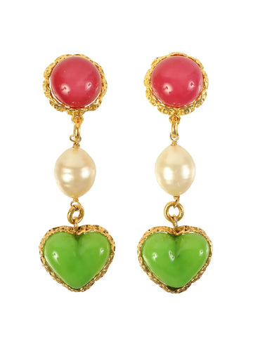 Top Quality Chanel 1993 Made Heart Stone Swing Earrings Gold/Green/Pink