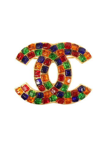 Top Quality Chanel 1995 Made Gripoix Stone Cc Mark Brooch Gold/Multi