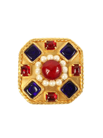 Top Quality Chanel 1990 Made Gripoix Pearl Octagon Motif Brooch Gold/Multi
