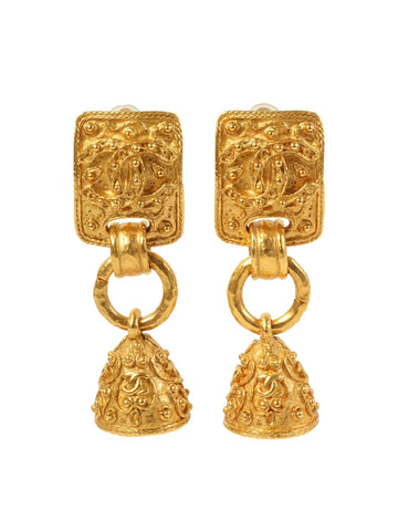 Top Quality Chanel 1994 Made Square Bell Motif Dotted Cc Mark Swing Earrings Gold