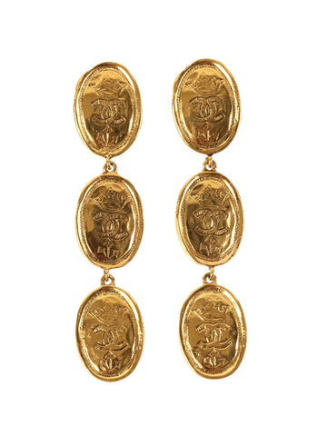 Top Quality Chanel 1991 Made Oval Cc Mark Crown Swing Earrings Gold