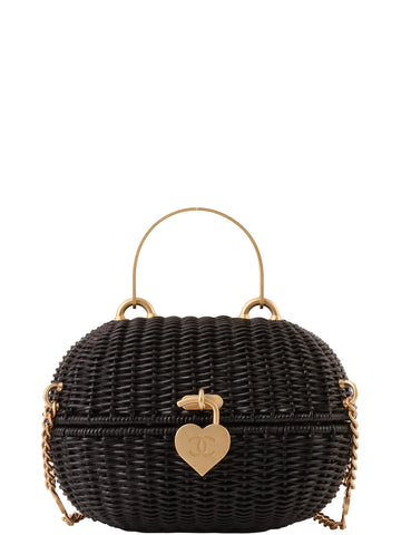 Top Quality Chanel Around 2004 Made Straw Heart Cc Mark Plate 2Way Bag Black