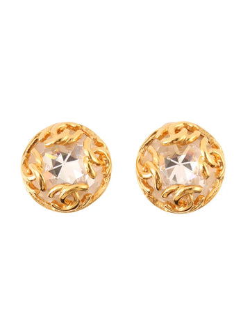 Top Quality Chanel 1995 Made Rhinestone Round 4 Cc Mark Earrings Gold