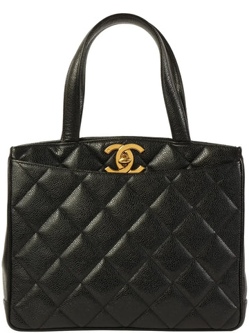 Top Quality Chanel Around 1997 Made Caviar Skin Turn-Lock Tote Bag Black
