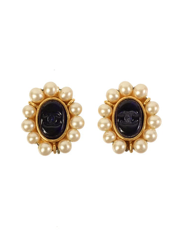Top Quality Chanel 1994 Made Pearl Cc Mark Earrings Gold/Navy