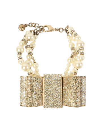 Top Quality Chanel 2013 Made Pearl Rhinestone Ribbon Motif Bracelet Gold/White