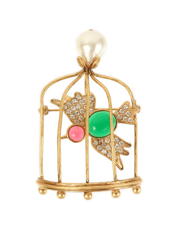 Top Quality Chanel 1994 Made Gripoix Pearl Rhinestone Bird Cage Brooch Gold/Multi