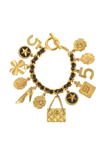 Top Quality Chanel 1994 Made Multi Motif Charm Chain Bracelet Gold/Black