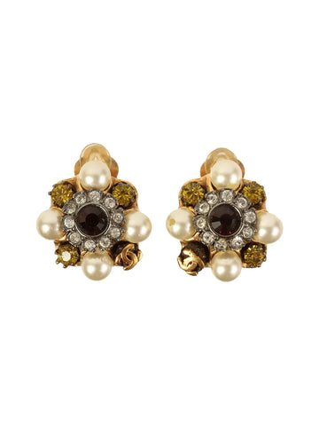 Top Quality Chanel 2005 Made Pearl Rhinestone Cc Mark Earrings Gold/White/Multi