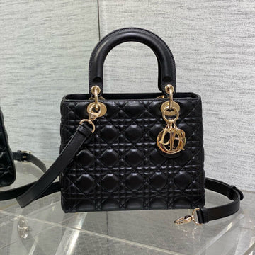 MEDIUM LADY BAG 24 IN BLACK CALFSKIN GOLD HARDWARE Luxe Carry