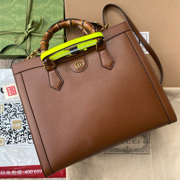 MEDIUM DIANA TOTE BAG 35 IN BROWN LACQUER CALFSKIN BAMBOO HANDLE Luxe Carry Bags