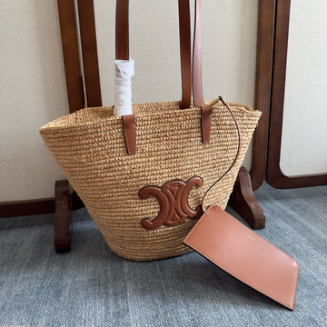 MEDIUM SUPPLE CELINE CLASSIC PANIER IN RAFFIA AND CALFSKIN Luxe Carry