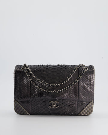 Top Quality Chanel Metallic Black Python Small Single Flap Bag with Ruthenium Textured Hardware