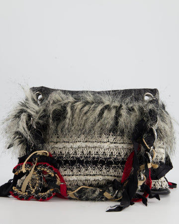 Top Quality Chanel Black and White Tweed Mini Shoulder Bag with Faux Fur Detail and Silver Hardware