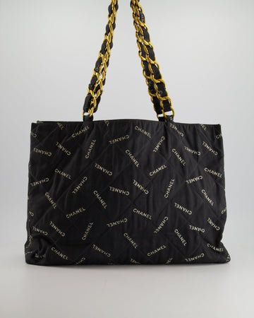 *RARE* Top Quality Chanel   Black Bag in Quilted Canvas Logo Print with Gold Hardware
