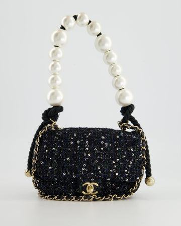 Top Quality Chanel Navy Sequin Tweed Mini Rectangular Bag with Pearl Rope Handle and Champagne Gold Hardware