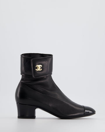 Top Quality Chanel Black Leather Ankle Boots with Patent Toe and Champagne Gold CC Logo Detail Size EU 35.5C