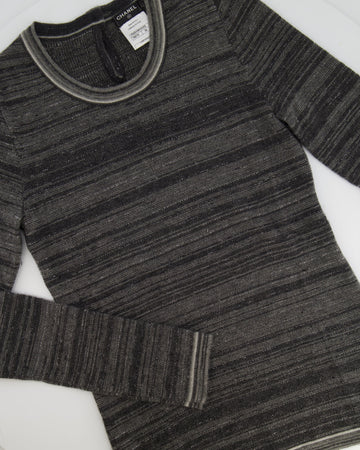 Top Quality Chanel Grey Striped Cashmere Metallic Thread Long-Sleeve Top Size FR 38 (UK 10)