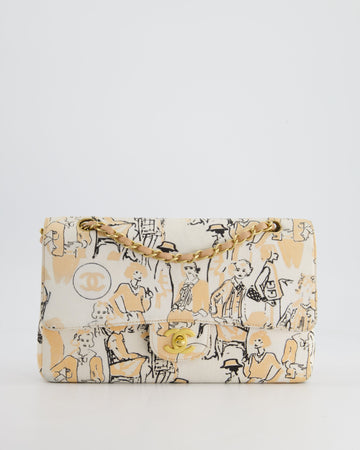 Top Quality Chanel Peach and White   Coco Print Classic Medium Double Flap Bag in Fabric with Brushed Gold Hardware