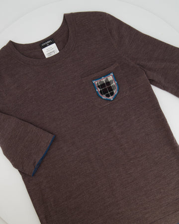 Top Quality Chanel Brown Wool T-Shirt with CC Logo Embroidered Pocket Detail Size FR 36 (UK 8)