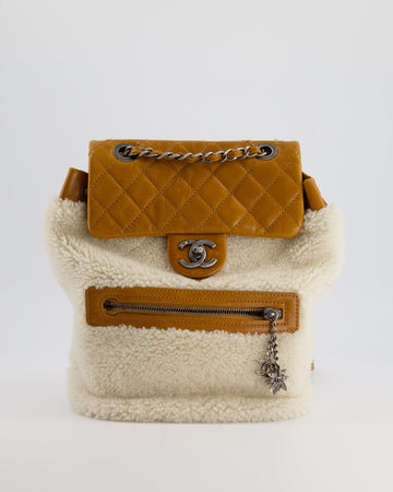 Top Quality Chanel Cream and Caramel Shearling and Calfskin Leather Backpack with Ruthenium Hardware and Charm Zips