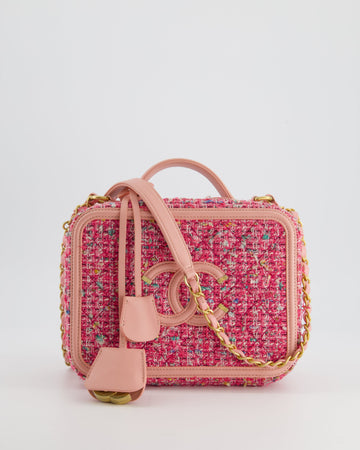 *SUPER HOT* Top Quality Chanel Pink Medium CC Filigree Vanity Case Bag in Tweed with Brushed Gold Hardware and Chain Detail