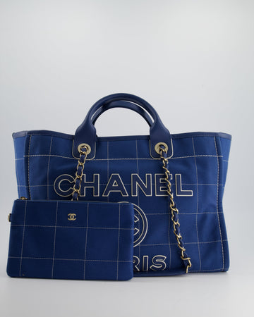 Top Quality Chanel Blue Canvas Medium Deauville Tote Bag with Champagne Gold Hardware