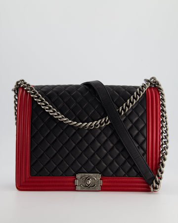 Top Quality Chanel Black & Red Large Boy Bag in Lambskin Leather with Ruthenium Hardware