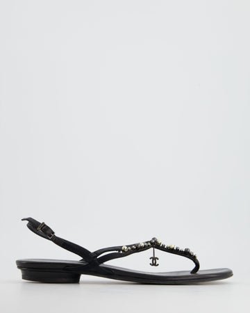 Top Quality Chanel Black Embellished Leather Ankle Strap Sandals with CC Charm Detail Size EU 41