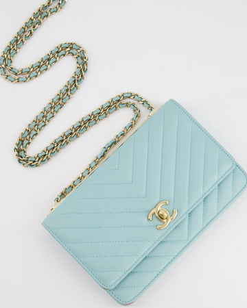 Top Quality Chanel Tiffany Blue Chevron Quilted Trendy Wallet on Chain Bag in Lambskin Leather with Champagne Gold Hardware