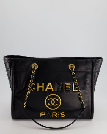 *HOT* Top Quality Chanel Black Small Deauville Tote Bag in Shiny Calfskin Leather with Antique Gold Hardware and Pearl, Crystal Logo Detail